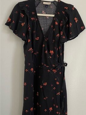 Black Floral Universal Threads Wrap Dress with Coral Accents
